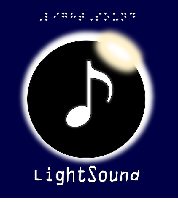 LightSound logo with a musical note surrounded by a circle on a blue background. The word LightSound is below the circle and LightSound is written in braille above the circle.